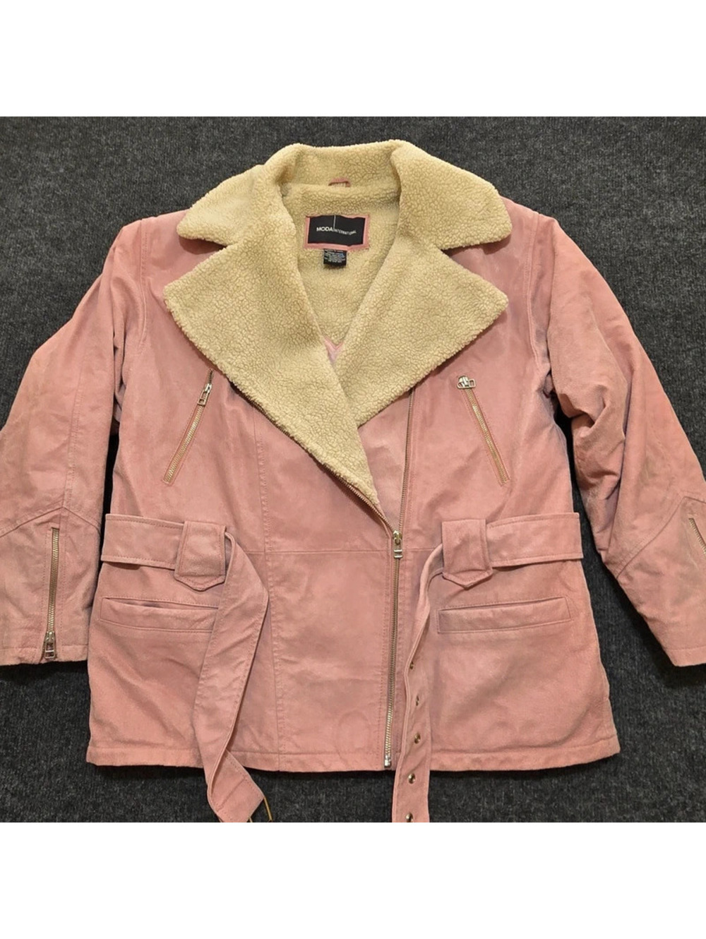 Vintage Moda International Pink Leather Jacket Sherpa Shearling Belted Womens L